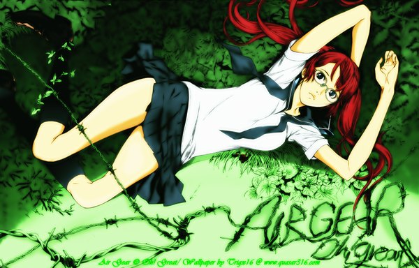 Anime picture 2005x1284 with air gear toei animation noyamano ringo highres twintails red hair lying aqua eyes inscription green background girl uniform plant (plants) school uniform glasses barbed wire