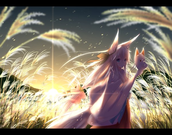 Anime picture 1228x960 with original nagishiro mito single long hair blush blue eyes animal ears white hair tail traditional clothes japanese clothes animal tail light smile fox ears tears fox tail fox girl evening sunset miko