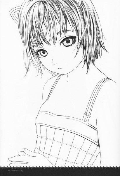 Anime picture 1095x1600 with futuregraph range murata single tall image looking at viewer short hair open mouth simple background bare shoulders animal ears cat ears scan cat girl loli monochrome flat chest traditional media lineart graphite (medium) girl