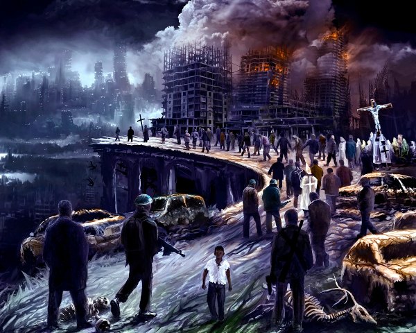 Anime picture 1200x960 with alexiuss torn clothes city smoke ruins skeleton destruction post-apocalyptic suicide weapon gun building (buildings) cross ground vehicle child (children) car bridge crowd