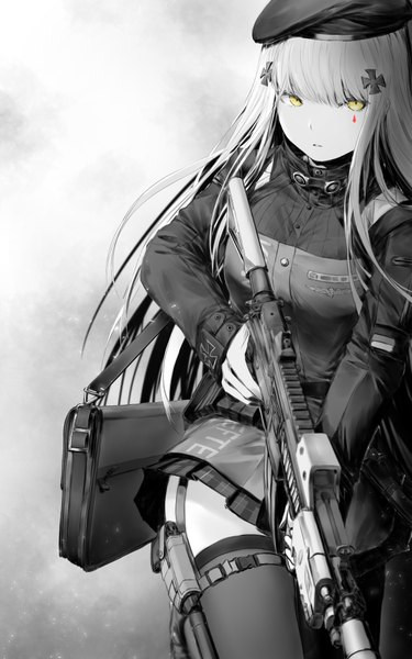 Anime picture 1200x1920 with girls frontline hk416 (girls frontline) guten single long hair tall image looking at viewer fringe simple background hair between eyes standing holding yellow eyes blunt bangs parted lips grey background facial mark monochrome spot color girl