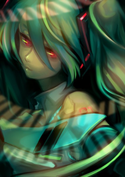 Anime picture 1500x2118 with vocaloid hatsune miku oxvxo (artist) single long hair tall image red eyes twintails bare shoulders green hair lips tattoo face girl detached sleeves choker necktie headphones
