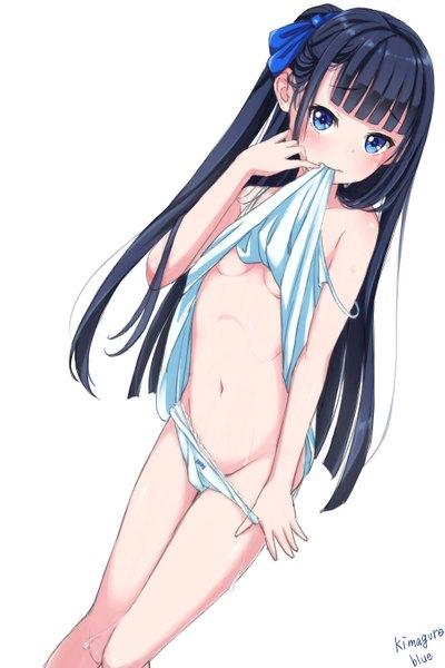 Anime picture 1000x1500 with original kimagure blue single long hair tall image looking at viewer blush fringe breasts blue eyes light erotic black hair simple background standing white background bare shoulders holding signed bare belly bare legs