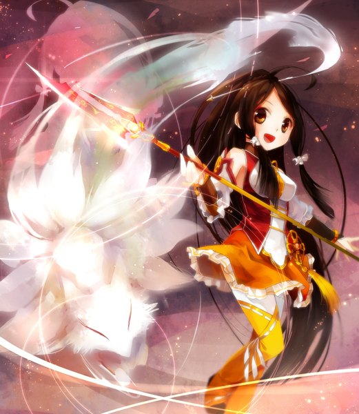 Anime picture 1390x1600 with elsword ara haan little xia (elsword) malmaron single tall image open mouth black hair brown eyes ponytail very long hair multiple tails girl thighhighs dress weapon detached sleeves fox naginata