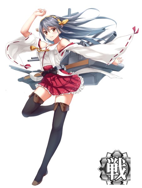 Anime picture 2053x2719 with kantai collection haruna battleship zi se single long hair tall image blush highres black hair simple background white background brown eyes girl thighhighs weapon black thighhighs detached sleeves