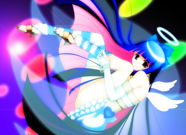 Anime picture 2338x1700 with panty & stocking with garterbelt anarchy stocking long hair highres light erotic green eyes blue hair pink hair multicolored hair colored inner hair girl thighhighs wings halo