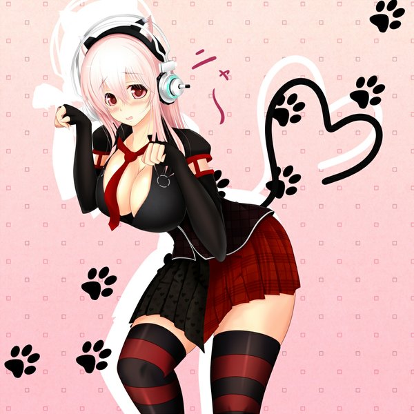 Anime picture 1000x1000 with nitroplus super sonico single long hair blush breasts open mouth light erotic large breasts animal ears pink hair animal tail cat ears cat girl cat tail girl skirt detached sleeves necktie headphones