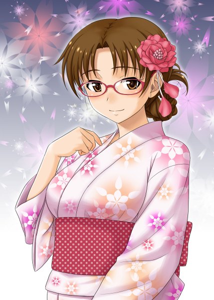 Anime picture 858x1200 with to heart hoshina tomoko hida tatsuo single tall image looking at viewer short hair brown hair brown eyes traditional clothes japanese clothes hair flower girl hair ornament flower (flowers) glasses kimono obi kanzashi