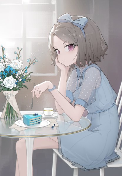 Anime picture 2420x3498 with girls band cry toei animation ebizuka tomo fangfangtu single tall image looking at viewer highres short hair sitting purple eyes grey hair crossed legs head rest girl dress flower (flowers) bow hair bow chair