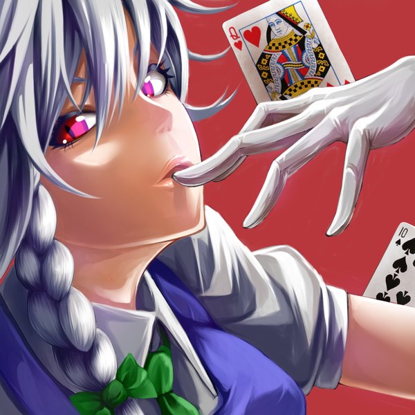 Anime picture 1024x1024 with touhou izayoi sakuya turn-a (artist) single looking at viewer short hair red eyes silver hair braid (braids) maid twin braids finger to mouth girl gloves bow hair bow elbow gloves card (cards)