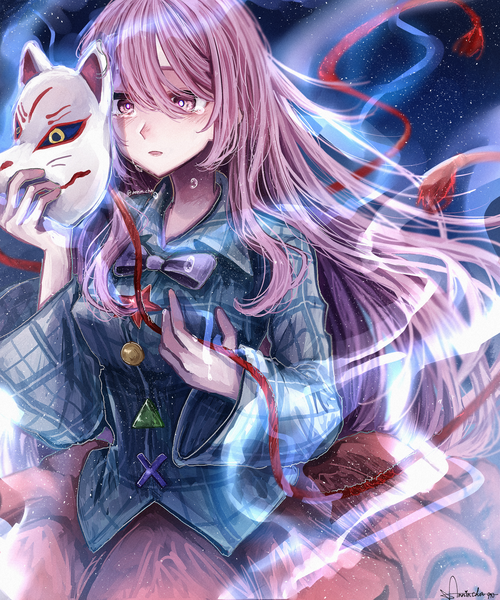 Anime picture 2500x3000 with touhou hata no kokoro annin cha single long hair tall image fringe highres hair between eyes signed looking away pink hair upper body pink eyes twitter username tears girl shirt mask fox mask