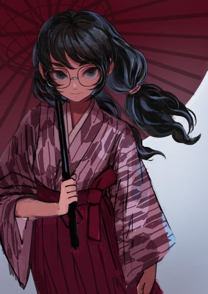 Anime picture 955x1351 with original kaneni single long hair tall image looking at viewer fringe black hair simple background standing twintails holding traditional clothes japanese clothes grey background wide sleeves grey eyes gradient background floating hair low twintails
