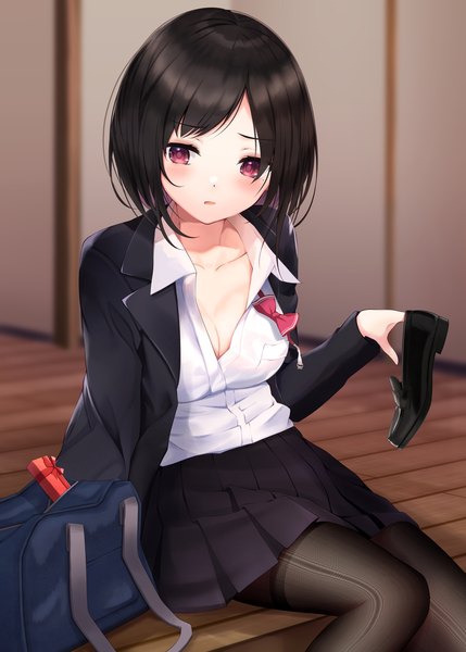 Anime-Bild 2591x3624 mit original kazanock single tall image blush highres short hair breasts light erotic black hair large breasts purple eyes cleavage pleated skirt partially open clothes valentine shoes removed girl skirt uniform