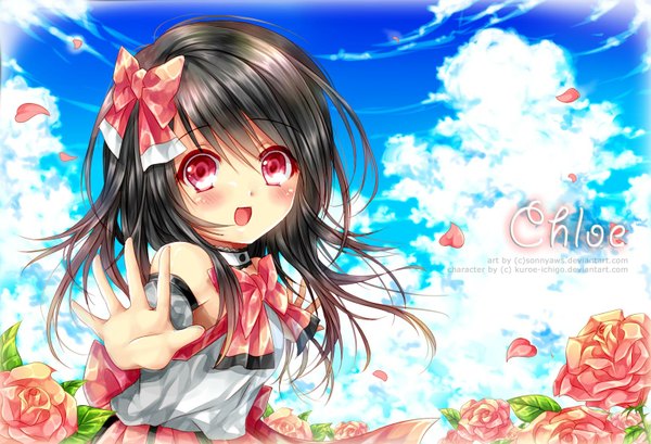 Anime picture 1540x1050 with original sonnyaws single looking at viewer blush short hair open mouth black hair smile red eyes bare shoulders sky cloud (clouds) loli girl hair ornament flower (flowers) ribbon (ribbons) hair ribbon petals