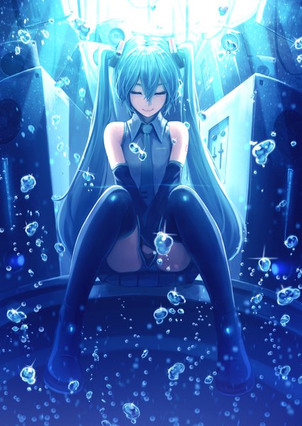 Anime picture 800x1127 with vocaloid hatsune miku gogatsu no renkyuu single long hair tall image fringe light erotic smile hair between eyes twintails bare shoulders eyes closed pleated skirt aqua hair pantyshot zettai ryouiki pantyshot sitting underwater girl