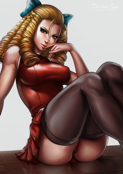 Anime picture 630x891 with street fighter capcom kanzuki karin dandon fuga single long hair tall image looking at viewer breasts light erotic blonde hair smile sitting bare shoulders brown eyes signed bent knee (knees) lips realistic pantyshot