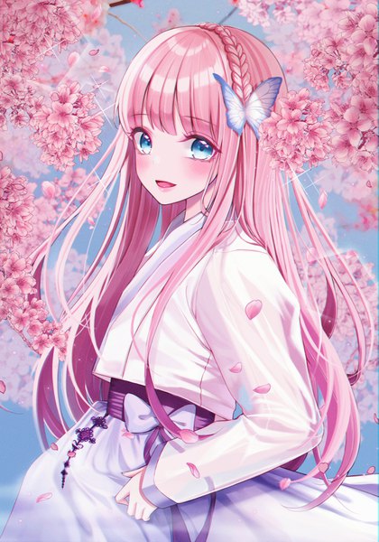 Anime picture 2406x3433 with original eumi 114 single long hair tall image looking at viewer blush fringe highres open mouth blue eyes smile standing pink hair blunt bangs braid (braids) long sleeves traditional clothes :d cherry blossoms