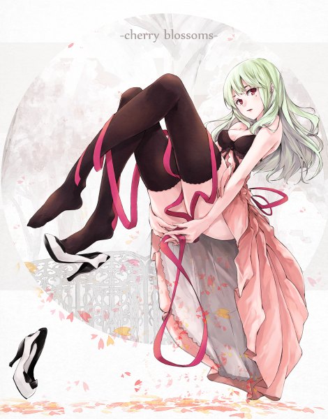 Anime picture 940x1200 with original mille (dieci) single long hair tall image looking at viewer breasts light erotic red eyes bare shoulders bent knee (knees) parted lips green hair mole arm support high heels no shoes mole under eye leg lift (legs lift) girl