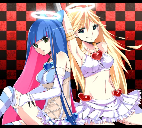 Anime picture 1220x1100 with panty & stocking with garterbelt anarchy stocking anarchy panty richard (ri39p) long hair blonde hair multiple girls green eyes blue hair multicolored hair two-tone hair midriff colored inner hair checkered background girl navel 2 girls bracelet heart halo