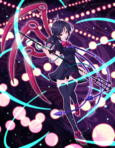 Anime picture 1440x1844 with touhou houjuu nue nikka (cryptomeria) single long hair tall image black hair red eyes ahoge girl thighhighs weapon black thighhighs wings trident