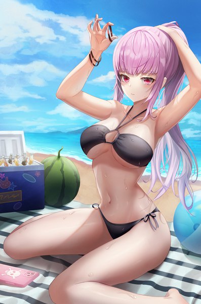 Anime picture 1500x2268 with virtual youtuber hololive hololive english mori calliope slime nyang single long hair tall image looking at viewer blush fringe breasts light erotic red eyes large breasts sitting payot pink hair sky outdoors
