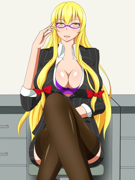 Anime picture 1200x1600 with touhou yakumo yukari lactone long hair tall image blush fringe breasts open mouth light erotic blonde hair large breasts sitting twintails yellow eyes indoors open clothes open shirt alternate costume bespectacled