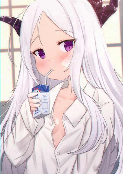 Anime picture 921x1300 with blue archive hina (blue archive) uneg single long hair tall image looking at viewer blush light erotic purple eyes holding upper body white hair indoors arm up horn (horns) no bra embarrassed flat chest lolicon