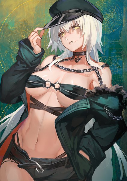 Anime picture 986x1400 with fate (series) fate/grand order jeanne d'arc (fate) (all) jeanne d'arc alter (fate) lack single long hair tall image looking at viewer fringe breasts light erotic hair between eyes large breasts standing yellow eyes silver hair nail polish parted lips head tilt