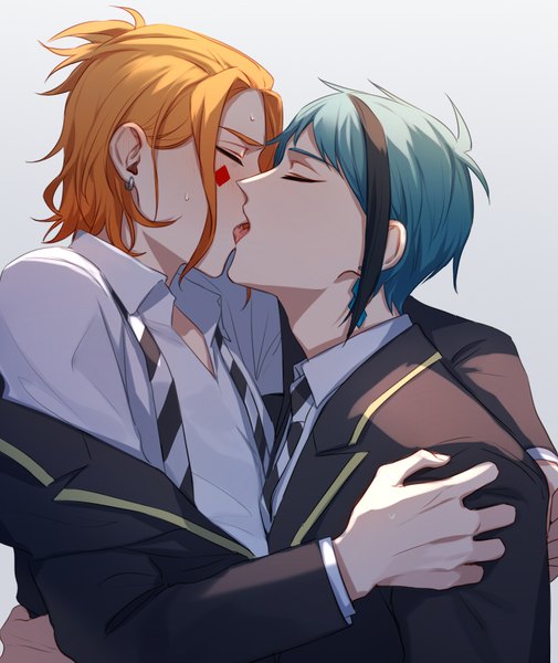 Anime picture 800x950 with twisted wonderland jade leech cater diamond dodoss dont tall image short hair simple background upper body eyes closed multicolored hair orange hair aqua hair grey background multiple boys sweat streaked hair open collar kiss shounen ai french kiss