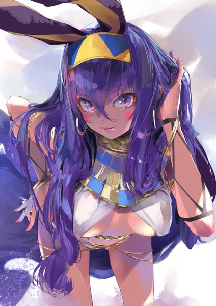 Anime picture 1158x1637 with fate (series) fate/grand order nitocris (fate) kiriyama single tall image looking at viewer fringe breasts light erotic simple background hair between eyes standing purple eyes animal ears purple hair very long hair nail polish traditional clothes arm up