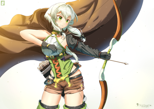 Anime-Bild 2121x1500 mit goblin slayer! high elf archer (goblin slayer!) chinchongcha single blush fringe highres short hair simple background smile hair between eyes standing white background holding green eyes signed payot looking away green hair pointy ears