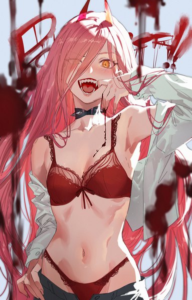 Anime picture 1277x2000 with chainsaw man mappa power (chainsaw man) salmon88 single tall image looking at viewer blush fringe breasts open mouth light erotic smile standing yellow eyes pink hair long sleeves very long hair :d horn (horns)