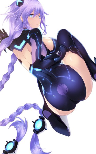 Anime picture 800x1280 with choujigen game neptune purple heart cait single tall image looking at viewer blush fringe breasts blue eyes light erotic simple background hair between eyes white background payot purple hair ass braid (braids) very long hair looking back