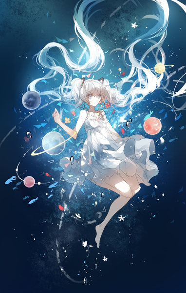 Anime picture 1400x2200 with vocaloid hatsune miku cui (jidanhaidaitang) single tall image fringe blue eyes simple background hair between eyes twintails bare shoulders payot looking away silver hair full body ahoge bent knee (knees) very long hair barefoot bare legs