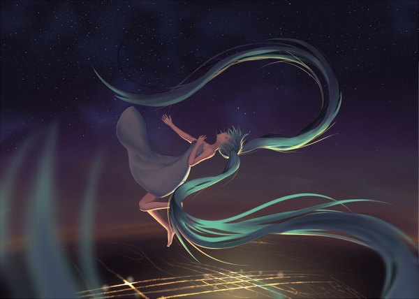 Anime picture 2500x1785 with vocaloid hatsune miku kr (sapphire) single fringe highres twintails bare shoulders eyes closed very long hair profile barefoot from above aqua hair night bare legs no shoes night sky outstretched arm city lights