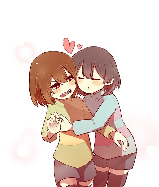 Anime picture 800x935 with undertale chara (undertale) frisk (undertale) katyouhuuget tall image blush fringe short hair open mouth black hair simple background hair between eyes red eyes brown hair standing white background looking away eyes closed :d embarrassed
