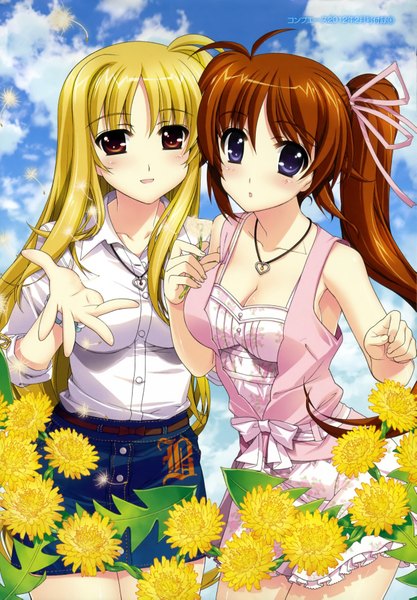 Anime picture 2449x3525 with mahou shoujo lyrical nanoha fate testarossa takamachi nanoha long hair tall image looking at viewer blush highres blonde hair red eyes brown hair purple eyes bare shoulders multiple girls ahoge ponytail side ponytail girl skirt flower (flowers)