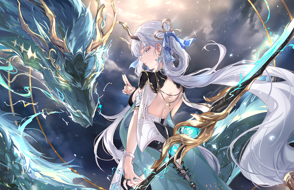 Anime picture 3768x2430 with wuthering waves jinhsi (wuthering waves) vardan single looking at viewer fringe highres blue eyes standing twintails absurdres silver hair very long hair profile horn (horns) from behind fantasy hair rings girl weapon