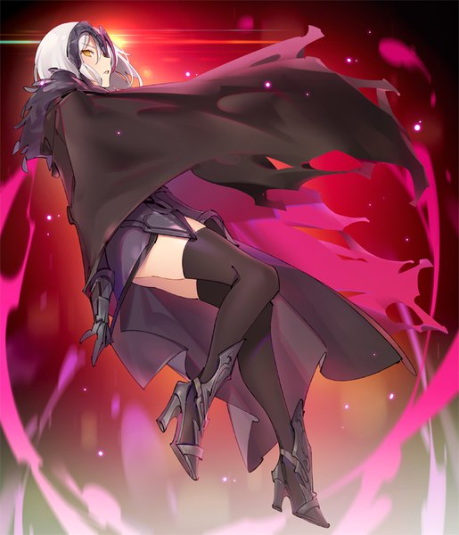 Anime picture 686x800 with fate (series) fate/grand order jeanne d'arc (fate) (all) jeanne d'arc alter (fate) popqn single tall image looking at viewer blush fringe short hair light erotic simple background hair between eyes yellow eyes silver hair full body bent knee (knees) parted lips profile
