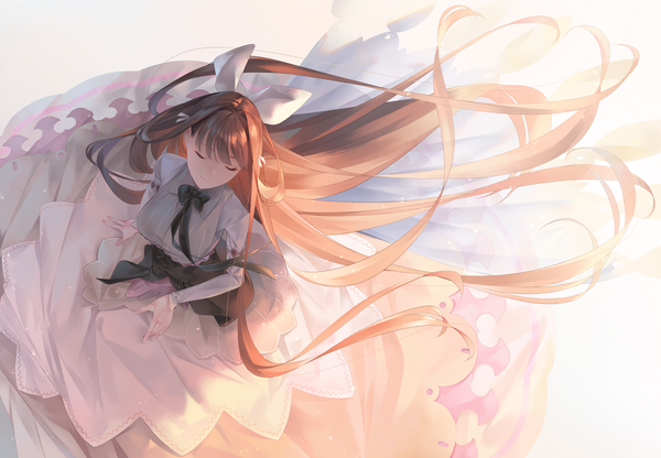 Anime picture 2000x1388 with food fantasy tiramisu (food fantasy) sousou (sousouworks) single fringe highres simple background smile brown hair white background eyes closed very long hair from above wind mole mole under eye girl dress ribbon (ribbons) hair ribbon