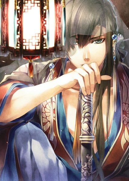 Anime picture 600x840 with jyuzaengi - engetsu sangokuden idea factory chou'un (jyuzaengi) single long hair tall image looking at viewer fringe brown hair holding green eyes traditional clothes japanese clothes grey eyes boy weapon sword kimono katana lantern