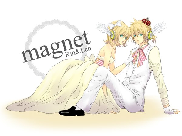 Anime picture 1300x976 with vocaloid magnet (vocaloid) kagamine rin kagamine len short hair blonde hair aqua eyes angel wings siblings twins formal girl dress gloves bow ribbon (ribbons) hair ribbon wings white dress headphones