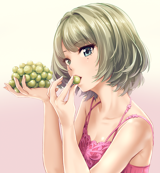 Anime picture 1000x1084 with idolmaster idolmaster cinderella girls takagaki kaede infinote single tall image looking at viewer fringe short hair open mouth simple background brown hair bare shoulders holding green eyes payot upper body head tilt fingernails lips