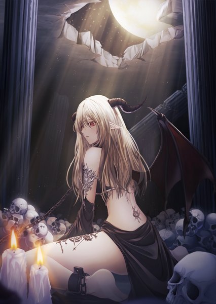 Anime-Bild 1200x1690 mit original minari (lmina09) single long hair tall image looking at viewer fringe breasts light erotic blonde hair hair between eyes red eyes sitting signed parted lips looking back barefoot horn (horns) pointy ears from behind
