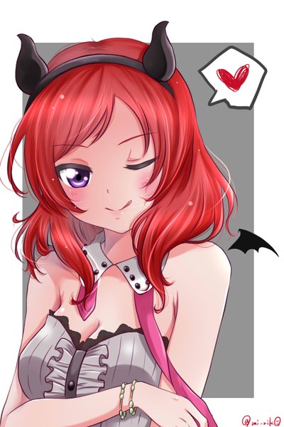Anime picture 1000x1500 with love live! school idol project sunrise (studio) love live! nishikino maki rinnnnnnnnnko30 single long hair tall image looking at viewer blush breasts smile purple eyes bare shoulders signed cleavage upper body red hair one eye closed horn (horns)