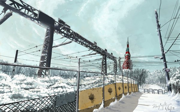 Аниме картинка 1680x1050 с оригинальное изображение niko p подписанный датированный зима снег без людей пейзаж живописный растение (растения) дерево (деревья) забор линии электропередач башня
