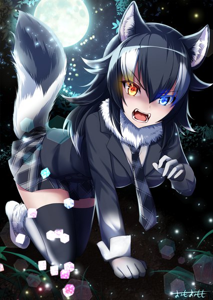 Anime picture 1500x2110 with kemono friends grey wolf (kemono friends) omoomomo single long hair tall image fringe breasts open mouth blue eyes black hair hair between eyes signed animal ears yellow eyes full body white hair tail animal tail multicolored hair