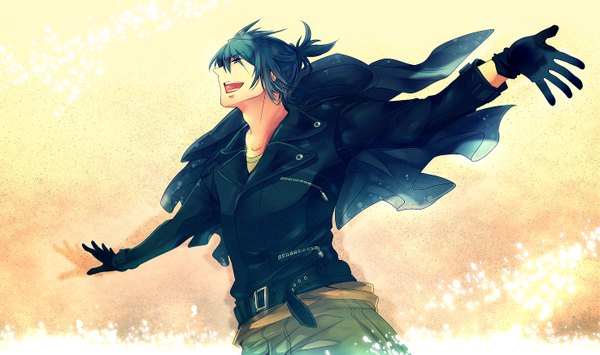 Anime picture 1476x874 with no.6 studio bones nezumi (no.6) yue (akatukiyue33) single short hair open mouth wide image blue hair spread arms clothes on shoulders boy gloves jacket