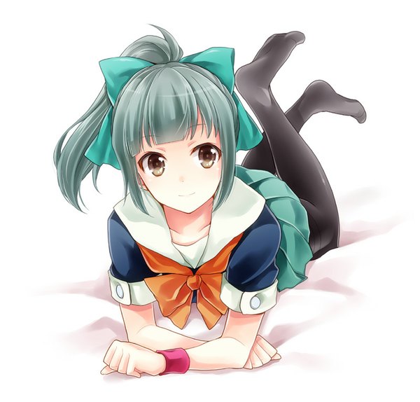 Anime picture 800x766 with kantai collection yuubari light cruiser kubyou azami single long hair fringe simple background smile white background brown eyes looking away ponytail lying grey hair no shoes on stomach girl uniform bow hair bow