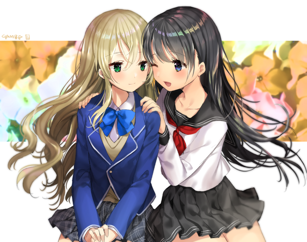 Anime picture 1459x1152 with original gambe long hair fringe open mouth blue eyes black hair blonde hair hair between eyes white background multiple girls green eyes signed looking away long sleeves head tilt pleated skirt one eye closed light smile hair bun (hair buns)